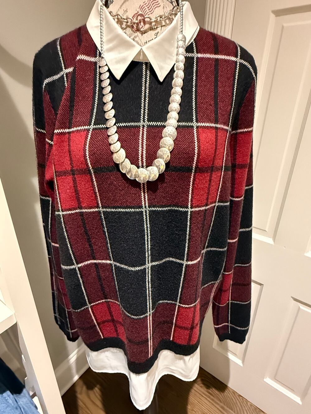 Tahari Sweater Top Combo XL Plaid Like New